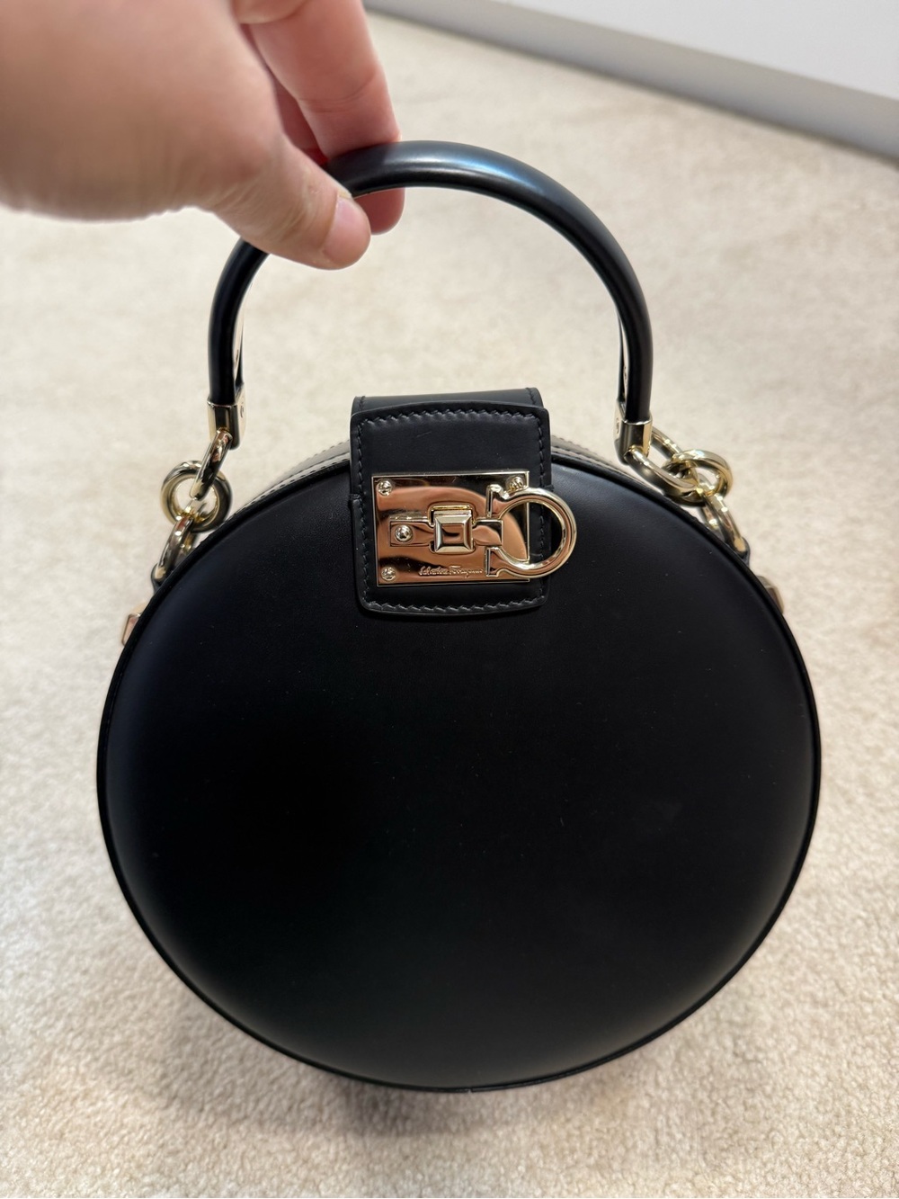 Salvatore Ferragamo Black Round Top-Handle Mini Bag with Gold Hardware